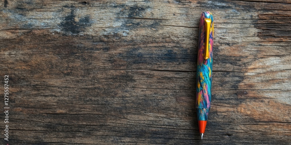 Poster vibrant multicolored pen positioned diagonally on a weathered rustic wooden surface with ample copy 