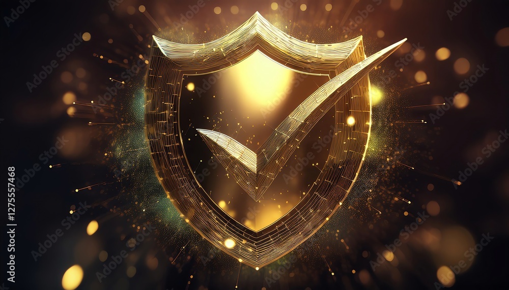Poster a shimmering golden shield with a checkmark symbolizes security and trust, surrounded by sparkling p