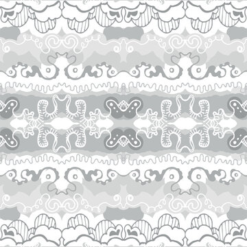 grey and white abstract hand-drawn doodle pattern, waves or curls background. Seamless pattern for design wallpapers