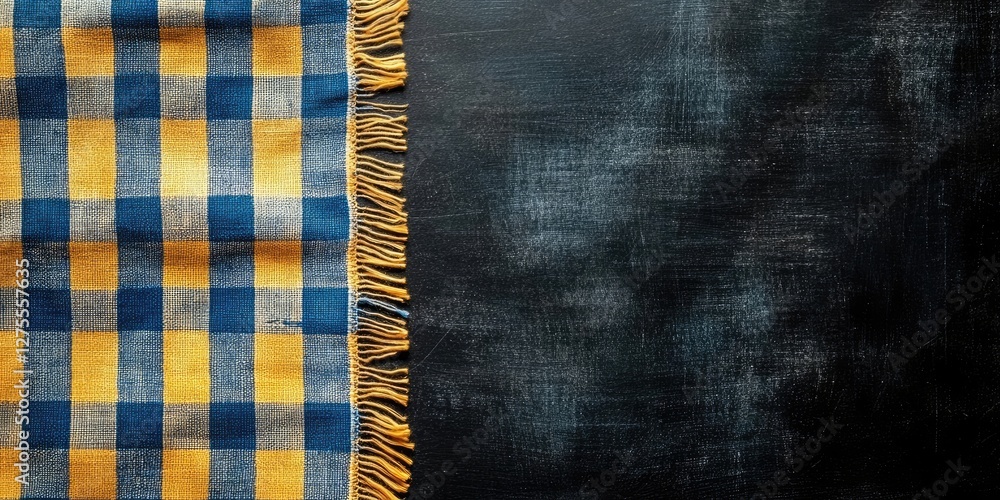Aufkleber yellow and blue-checkered textile with fringes resting on a dark textured surface creating a contras