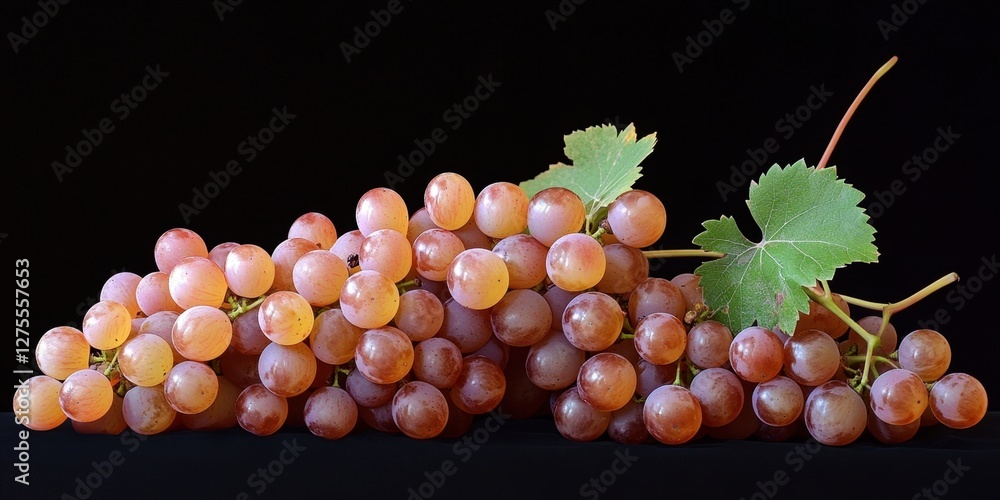 Poster golden amber grape clusters with green leaves elegantly arranged on a deep black background, highlig