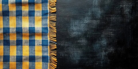 Yellow and blue-checkered textile with fringes resting on a dark textured surface creating a contrasting background for food or decor photography