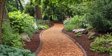 Fototapete Rund Serene garden landscape with a winding path of orange pine bark surrounded by lush green plants and trees creating a tranquil outdoor atmosphere © Gular