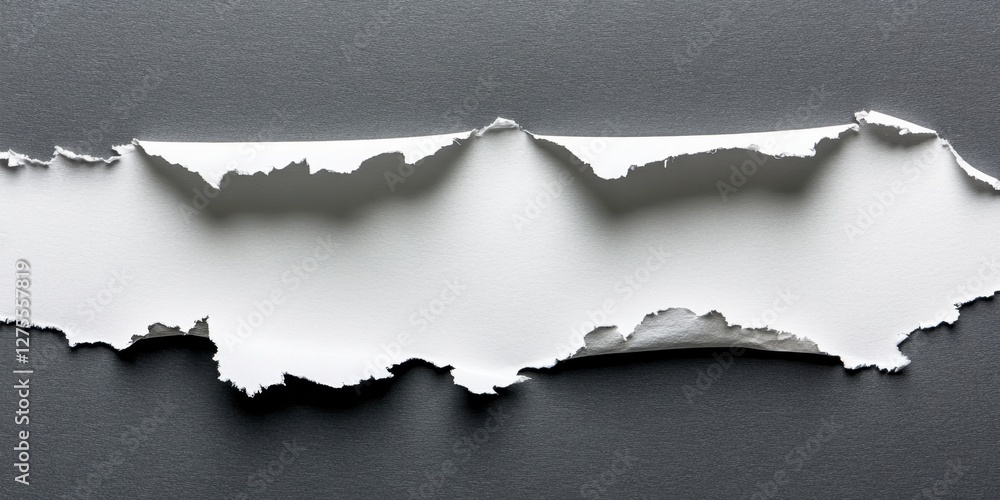 Poster Torn white paper with uneven edges on a textured gray background creating negative space for text or images positioned centrally.