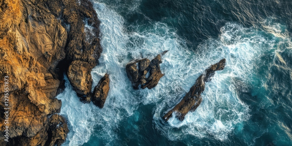 Poster aerial view of crashing ocean waves on rugged brown rocks with turquoise water in dynamic coastal la