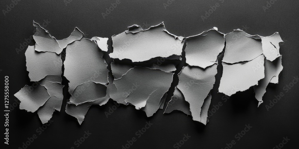 Aufkleber collection of ripped gray paper pieces arranged horizontally on a black background showcasing textur