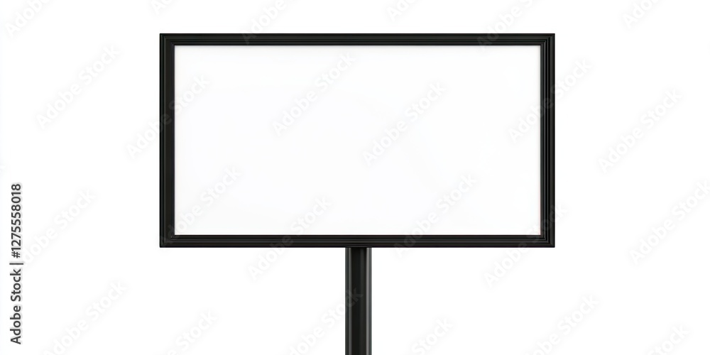 Poster blank black real estate sign on thin pole centered against pure white background emphasizing empty s