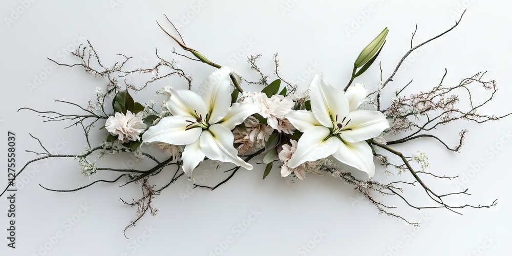 Poster stunning white lilies and delicate branches arranged harmoniously against a soft light backdrop, cre