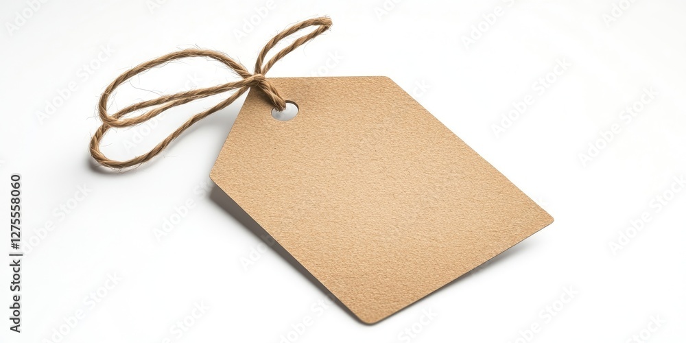 Aufkleber Blank brown label tag with string on a bright white background positioned at a slight angle for a minimalist design ideal for gift or price tagging.