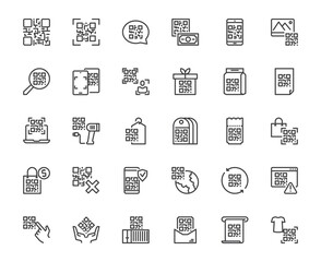 Vector outline icon set of product QR code related such payment scanner, price tag, security, supermarket and store smart payment technology, 48x48 pixel perfect icon editable stroke for design