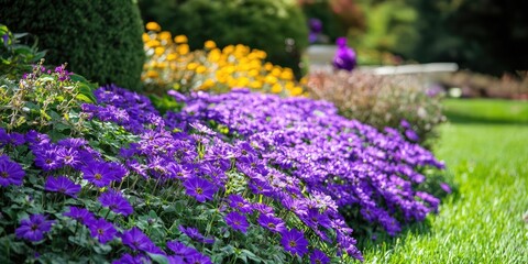 Obraz premium Vibrant garden scene featuring lush purple flowers in full bloom with sunny rays highlighting their beauty alongside yellow blooms and green grass