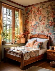 A vintage-inspired child’s bedroom with floral wallpaper, antique wooden furniture