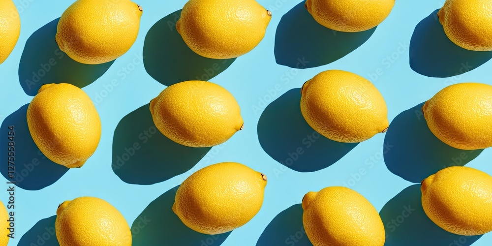 Aufkleber Vibrant yellow lemons arranged in a pattern on a bright blue background, casting distinct shadows, ideal for text overlay and design use.