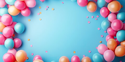 Colorful balloons in pink orange and blue create a festive decorative frame on a bright blue background with scattered confetti.