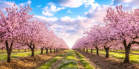 Blossoming almond orchard with vibrant pink flowers on trees under a bright blue sky and scattered fluffy clouds at sunrise in spring setting