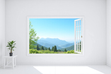 Empty room window view mountains side table potted plant