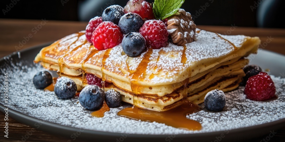 Poster delicious stack of golden pancakes layered with fresh raspberries blueberries drizzled with caramel 