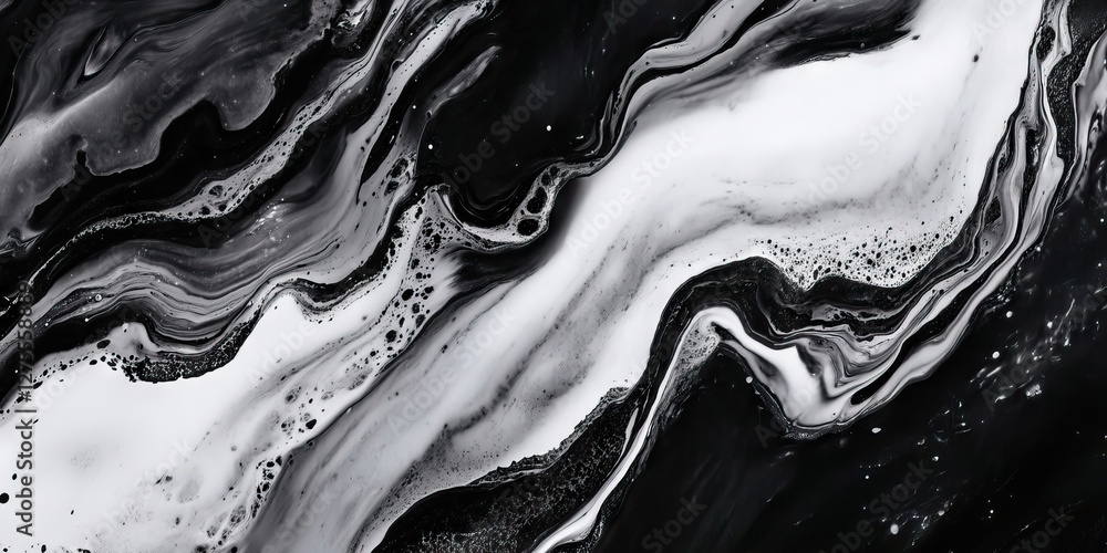 Poster abstract black and white fluid art background featuring swirling patterns and dynamic lines, with co
