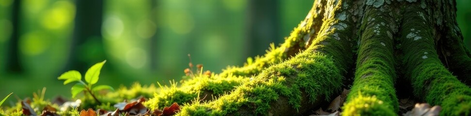 Moss and lichen grow on tree trunks under dappled sunlight, shadow, tree