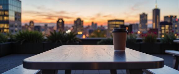 Elegant metallic picnic table at sunset rooftop garden, urban tranquility