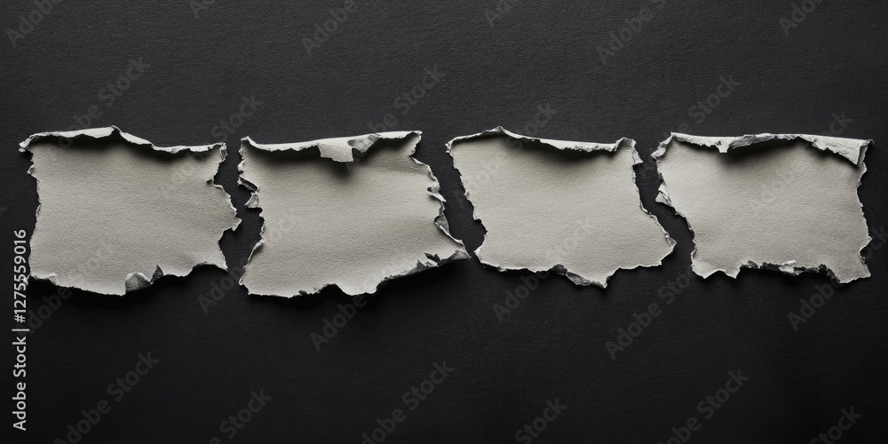 Poster ripped paper pieces arranged horizontally on a dark black background creating ample empty space for 