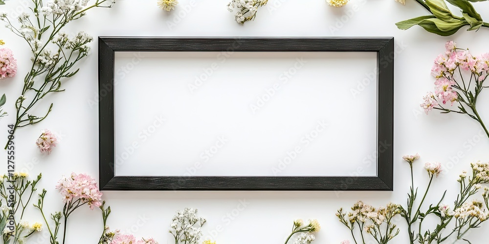 Aufkleber Black wooden frame centered against a white background with scattered flowers in soft pink and yellow hues creating a delicate, inviting atmosphere