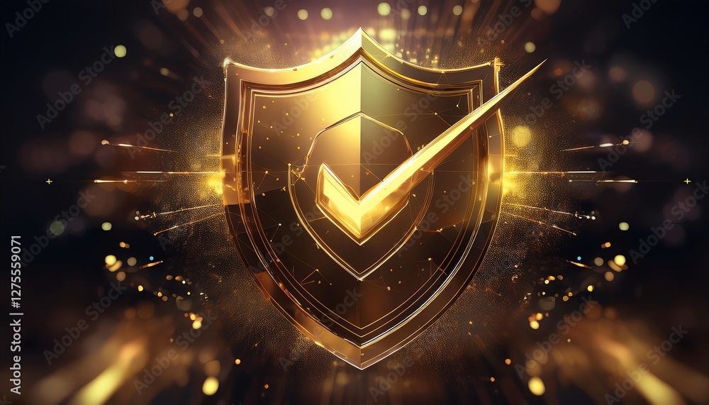 Poster a golden shield with a checkmark, symbolizing security and protection, surrounded by sparkling effec
