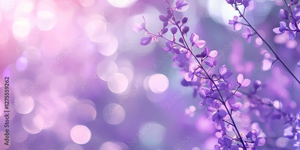 Poster purple floral abstract background with delicate branches and soft bokeh lights creates a dreamy atmo