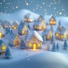Fototapeta premium Winter village with cozy houses illuminated by warm light amidst falling snowflakes during a peaceful evening