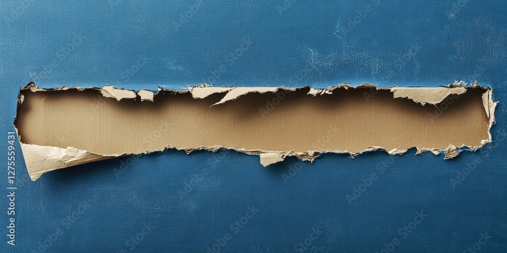 Poster torn beige cardboard fragment positioned centrally on a textured blue backdrop creating a contrast w