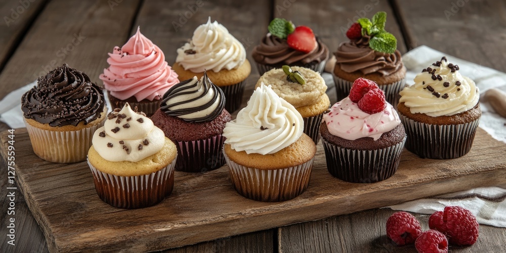 Aufkleber Delightful assortment of colorful cupcakes arranged on a rustic wooden board with frosting swirls and fresh berries on a textured background