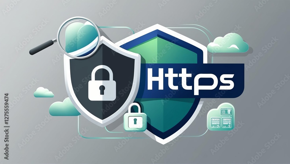 Poster the image features a shield symbolizing https security, a padlock, and a magnifying glass, represent
