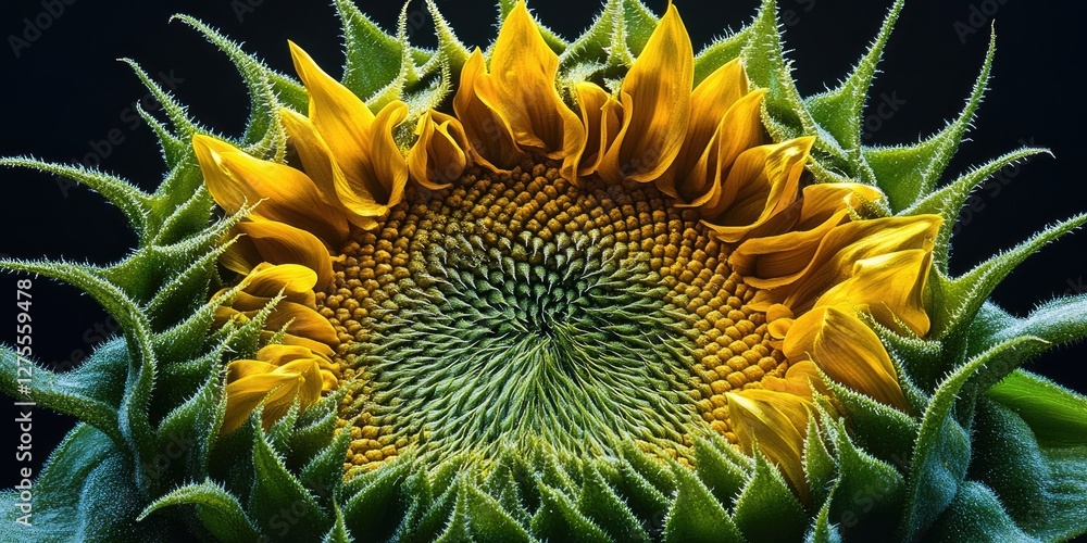 Poster vibrant close-up of a unique sunflower with intricate yellow petal patterns and green textured backg