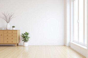 Empty room white walls wooden floor sideboard potted plants