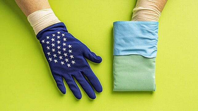 Gloved hands hold USA-flag gloves & cloth on green