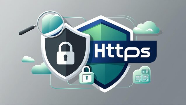 The image features a shield symbolizing HTTPS security, a padlock, and a magnifying glass, representing online safety and secure browsing.