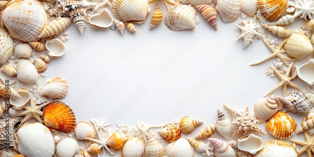 Aufkleber decorative summer beach shells in various shades of cream and orange forming a vibrant border around