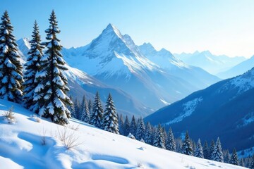 Fototapeta premium mountainside covered with snow and pine trees, mountains, nature