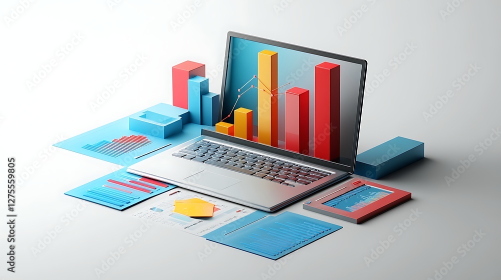 Poster laptop with 3d bar chart and business documents, a laptop displaying a 3d bar chart on its screen, s
