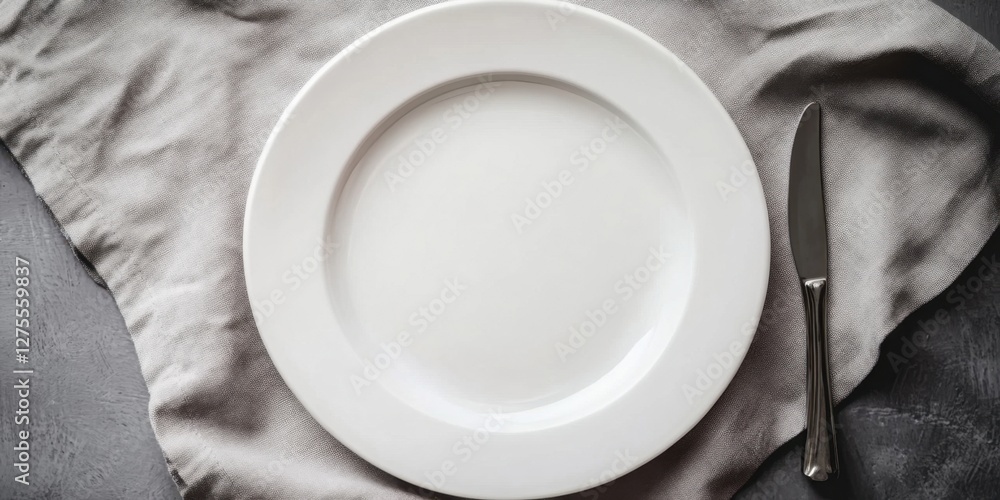 Poster Elegant white plate centered on a soft grey napkin with a subtle texture top view The knife placed neatly beside the plate enhances the composition