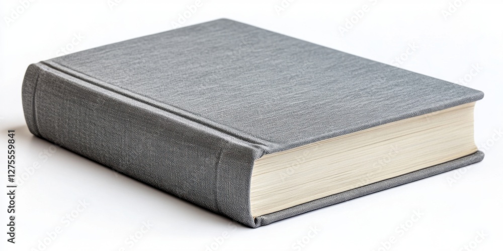 Poster isolated gray hardcover book lying at an angle against a clean white background with visible texture