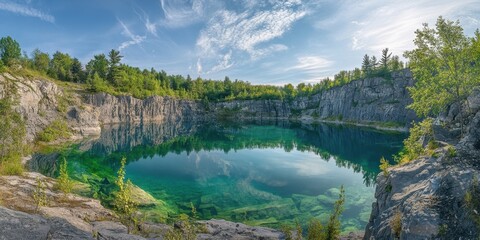 Fototapeta premium Emerald green quarry lake surrounded by gray rocky cliffs under a blue sky with white clouds, showcasing lush green trees on the shoreline