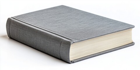 Isolated gray hardcover book lying at an angle against a clean white background with visible textured spine and gilded edges showcasing a minimalist style.