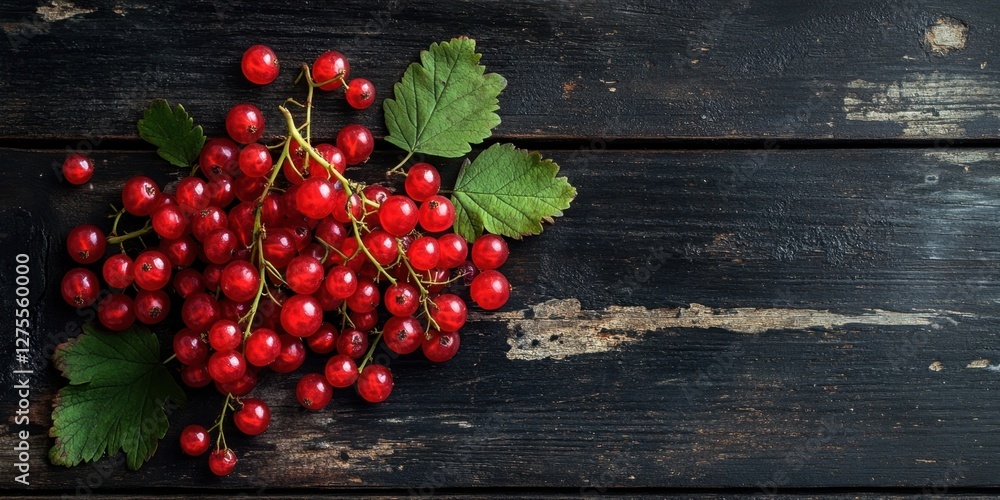 Poster Cluster of vibrant redcurrants with green leaves atop a dark wooden table surface creating an empty space for text or design.