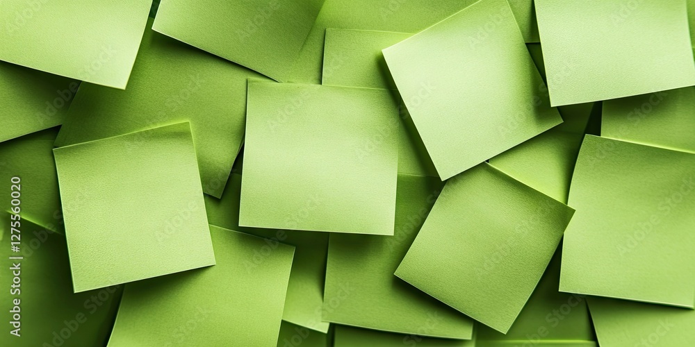Poster Bright green sticky notes overlapping on a textured surface, arranged randomly, creating a vibrant and colorful background suitable for messages.
