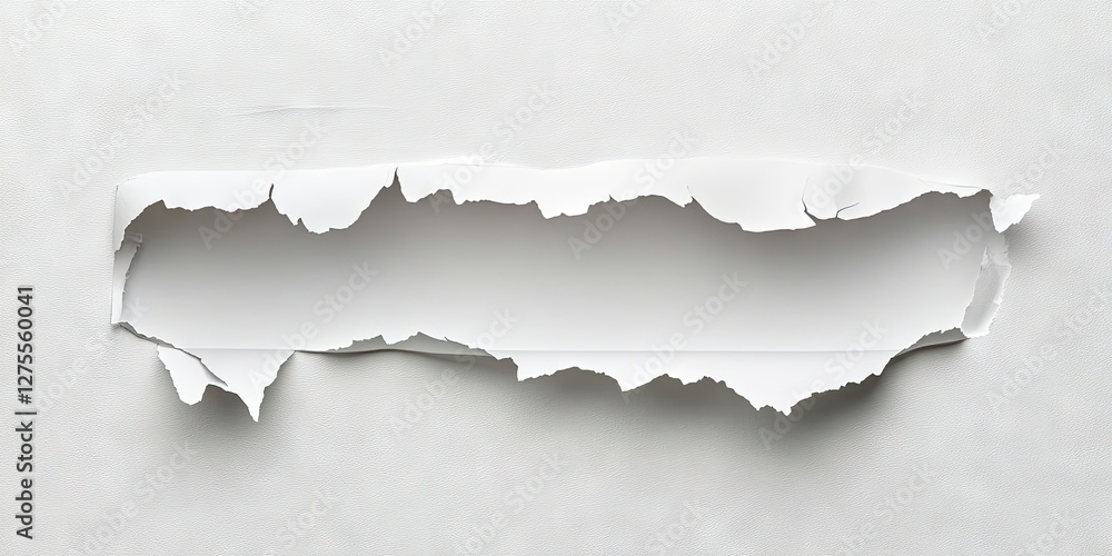 Aufkleber Torn white paper with rough edges on a plain light gray background revealing empty space, creating a sense of depth and texture in design.
