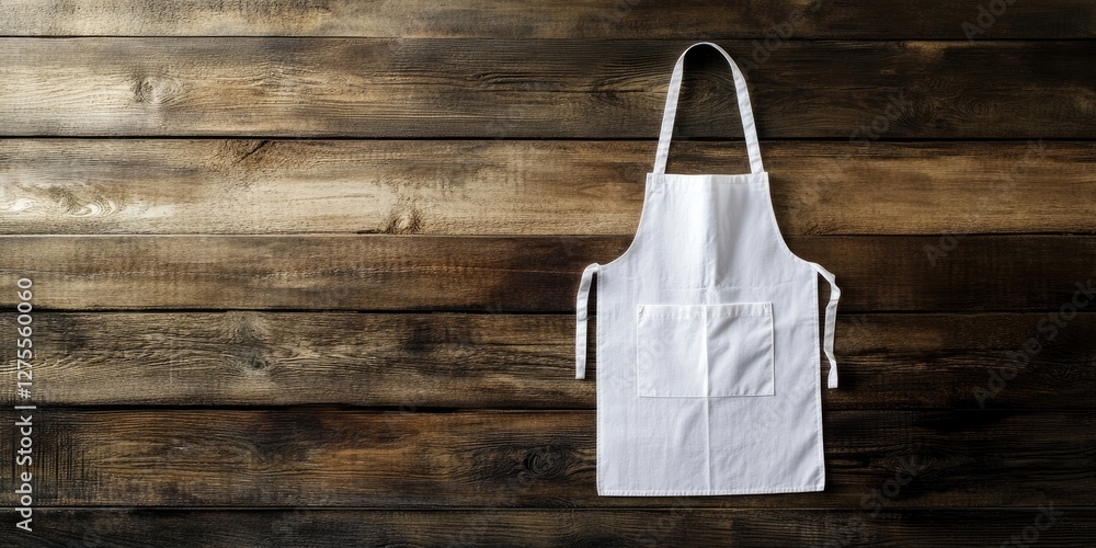 Poster white apron neatly displayed on a textured wooden surface with ample copy space, emphasizing kitchen