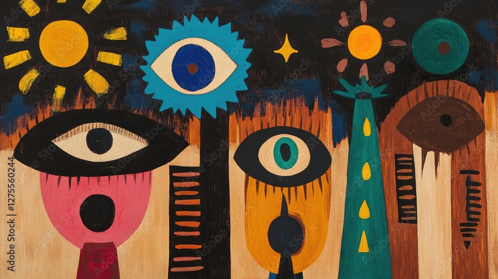 Poster an abstract painting with a surreal blend of bright colors and fluid, whimsical elements creating pl