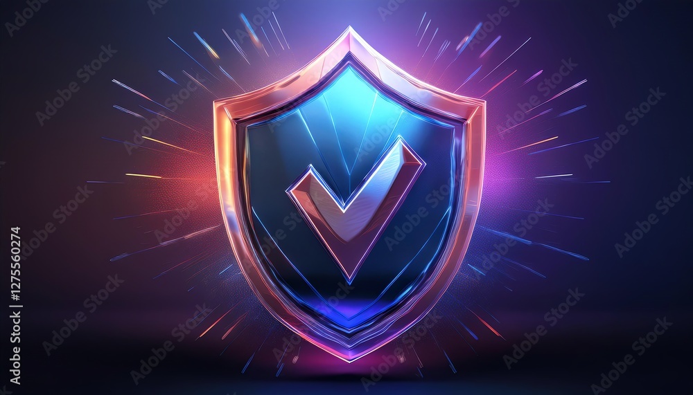 Poster a vibrant shield emblem with a check mark, symbolizing security and protection, surrounded by dynami