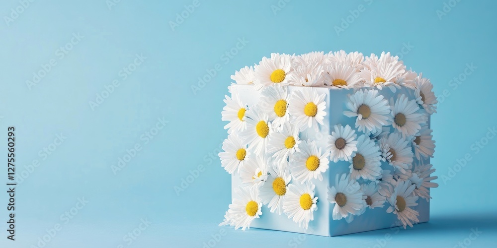 Poster daisy adorned white cube calendar on a blue background with ample copy space featuring vibrant yello